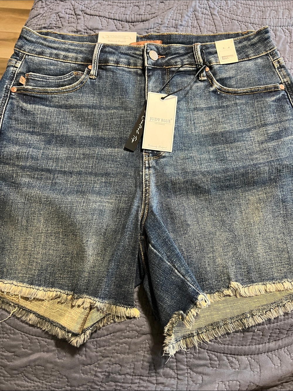 Judy Blue Frayed Hem Denim Shorts - Medium Blue High Waist with tummy control